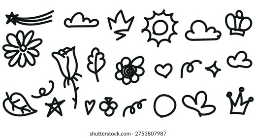 Cute hand drawn doodle icon collection featuring stars clouds flowers hearts and whimsical design elements