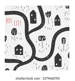 Cute hand drawn doodle illustration with houses, trees, path, road, grass, park, nature elements. Boy city poster, card, postcard, background, wall print