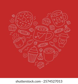 Cute hand drawn doodle illustration for valentine's day with coffee, donut, cupcakes, candies and hearts