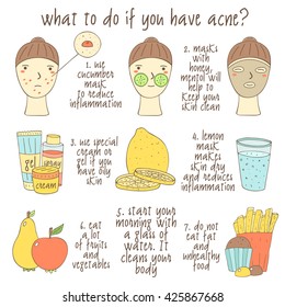 Bonito desenhado à mão doodle infográfico sobre o que fazer se você tiver acne. Coleção de objetos incluindo rostos, limão, copo de água, creme, gel, maçã, pêra, muffin, batatas fritas, máscara facial. Ícones de problemas de pele