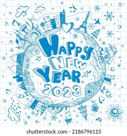 Cute hand drawn doodle ink cartoon Earth globe poster with castle, ship, cities, stars  on the background of notebook sheet. Merry Christmas calendar vector greeting card. Happy New Year 2023