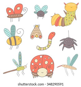 Cute hand drawn doodle insects collection including butterfly, bee, lady bird, worm, fly, moth, caterpillar, mosquito, dragonfly, spider. Insect icon. Happy, smiling insects collection for children