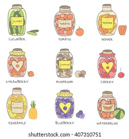 Cute hand drawn doodle jam and marinade jars collection including cucumber, tomato, pepper, mushrooms, strawberry, cherry, pineapple, blueberry, watermelon. Jam jars icon set