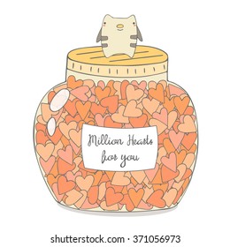 Cute hand drawn doodle jar with hearts. Romantic card, postcard for st valentines day. Background with hearts, cat, text space