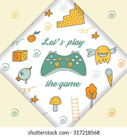 Cute hand drawn doodle joystick background with game objects including bird, tree, star, buttons, ladder, mushroom, ice cream. Game industry, technology background