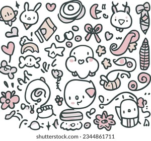 Cute hand drawn doodle kawaii animal set. Vector illustration