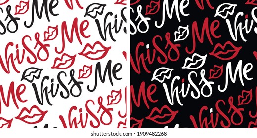 Cute Hand Drawn Doodle Kiss Pattern Background. Happy Valentines Day - Love You - Pattern - Background. Kiss Me.