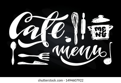 Cute hand drawn doodle kitchen lettering logo art - cafe, menu, dessert. Template poster banner art style