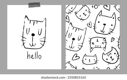 Doodle dibujado a mano gatitos fondo transparente y sala para niños simple conjunto de afiches