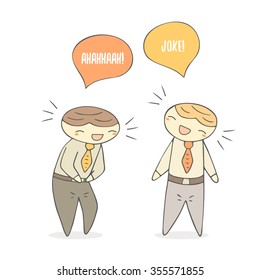 Cute hand drawn doodle laughing boys. Dialog between boys, students, office workers