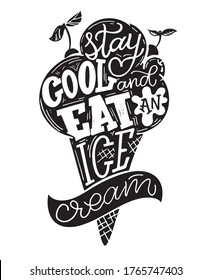 Cute hand drawn doodle lettering quote about ice cream. Summer dessert label.