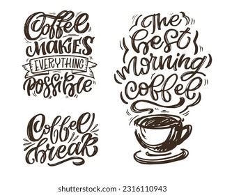 Cute hand drawn doodle lettering about coffee. Lettering for tee, mug print, postcard.