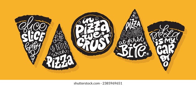 Cute hand drawn doodle lettering postcard about pizza. Pizza lover.