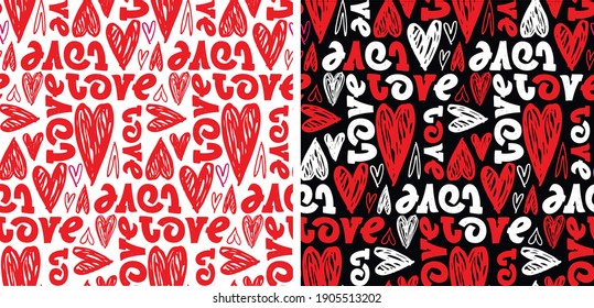 Cute hand drawn doodle love pattern background with heart. Love you. Valentines Day - cute label art. T-shirt design