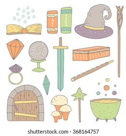Cute hand drawn doodle magic objects collection including sword, ring, crystal, book, magic ball, mushroom, wooden door, hat, wand, magic stick, cauldron with potion, casket, flute. Magic icons set