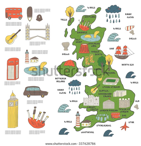 Cute hand drawn doodle map on England with\
sightseeing and objects including bus, tower bridge, big ben, ship,\
cloud, umbrella, kilt, loch ness monster, castle, palace, stadium,\
bagpipes, guitar, car.