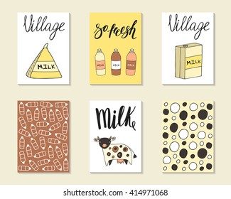 Cute hand drawn doodle milk, food industry cards, brochures, covers with milk pack, bottle, cow, decorative elements. Cartoon objects, animals background. 