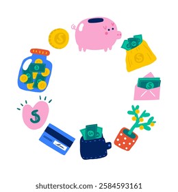 Cute hand drawn doodle money frame, wreath with coin, dollar, wallet, pig bank, envelope, bag, money tree, jar bank. Business, investment, financial, economy, payment background, illustration