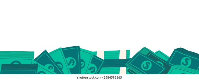 Cute hand drawn doodle money banner, border with pile, stack of dollars, currency. Business, investment, financial, economy, payment background, illustration with objects