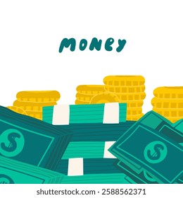 Cute hand drawn doodle money banner, border with pile, stack of coins, dollars, currency, gold. Business, investment, financial, economy, payment background, illustration with objects