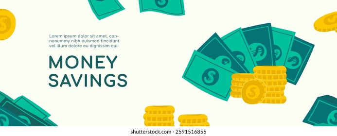 Cute hand drawn doodle money banner, border with pile, stack of dollars, currency. Business, investment, financial, economy, payment background, illustration with objects