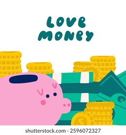 Cute hand drawn doodle money banner, border with pile, stack of coins, dollars, currency, gold, pig bank. Business, investment, financial, economy, payment background, illustration with objects