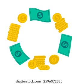 Cute hand drawn doodle money frame, wreath with pile, stack of coins, dollars, gold. Business, investment, financial, economy, payment background, illustration with objects