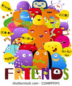 cute hand drawn doodle monster friends vector illustration