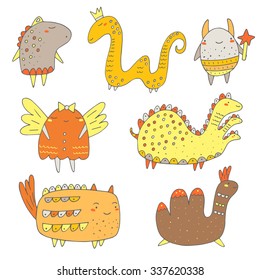 Cute hand drawn doodle monsters, dragons collection. Funny monsters, creatures icon, banner, logo