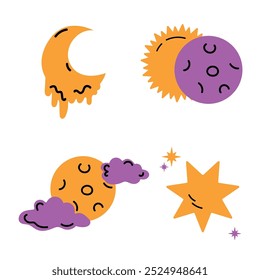 Lindo dibujado a mano doodle luna, eclipse, sol, nubes y estrellas. Ilustración vectorial.