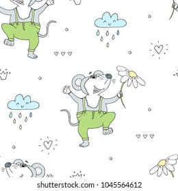 Cute hand drawn doodle mouse seamless pattern.