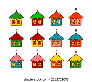 Doodle dibujado a mano con las casas de Año Nuevo. Feliz Navidad y Feliz Año Nuevo conjunto de decoraciones de abetos. Elementos de dibujos animados para el diseño de vacaciones. Iconos de contorno coloridos con patrones