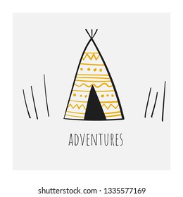 Cute hand drawn doodle north america tepee. Card, postcard, wall print, poster with indian ethnic house for kids