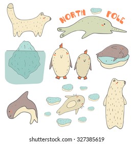 Cute hand drawn doodle north pole, antarctic, arctic animals and objects collection, including white bear, penguin, orca, narwhal, seal, walrus, polar fox, iceberg, ice pieces.Polar wild animals icons