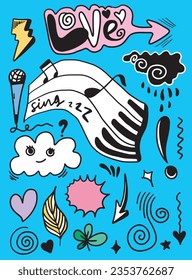 Doodle dibujado a mano con fondo azul. Colorida colección de hojas, relámpago, flor, corazón, nube, flecha y fondo musical.