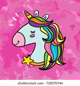 Cute hand drawn doodle hand drawn outlined cartoon comic style magic unicorn horse with rainbow hair illustration on grunge texture pink background