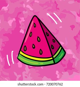 Cute hand drawn doodle hand drawn outlined cartoon comic style juicy watermelon slice illustration on grunge texture pink background