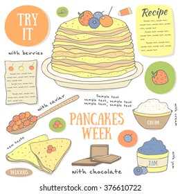Cute hand drawn doodle page with pancakes. Food and objects set including plate with pancakes, spoon with caviar, jam, berries, cream, chocolate. Postcard, cover, infographic with pancake ingredients 