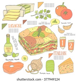 Cute Hand Drawn Doodle Page With Lasagne Recipe. Food Collection Including Cheese, Tomato, Onion,meat, Parcel, Garlic, Olive Oil, Olives, Basil. Postcard, Cover, Infographic With Lasagne Ingredients