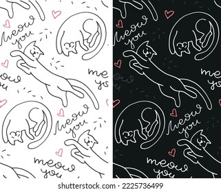 Cute hand drawn doodle patter background with cats. Kitter pattern. Meow you card.