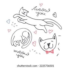 Cute hand drawn doodle patter background with cats. Kitter pattern. Meow you card.
