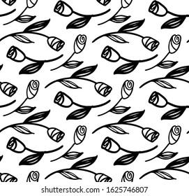 Cute hand drawn doodle pattern background with tulips flowers