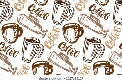 Cute hand drawn doodle pattern background with coffee cup/ Time for coffee. Coffee art template for cafe, menu.