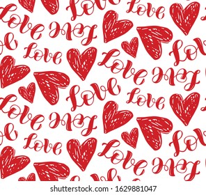 Cute hand drawn doodle pattern background with heart. Love pattern
