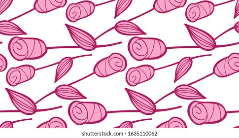 Cute hand drawn doodle pattern background with tulips flowers