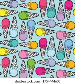 Cute hand drawn doodle pattern background with ice cream cone. Ice cream template design elements.