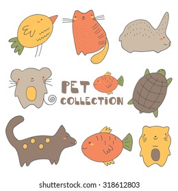 Cute hand drawn doodle pets collection including cat, dog, parrot, rabbit, fish, turtle, mouse and hamster. Pet icon, banner, logo