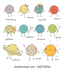 Cute hand drawn doodle planet collection including mercury, venus, earth, mars, jupiter, saturn, uranus, neptune, pluto, sun, moon. Planets icons set, solar system objects collection