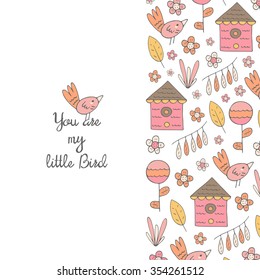 Cute hand drawn doodle postcard, cover with spring bird, flower, plant, leaf, bird house. Baby shower card for child about love, feelings. Romantic background with nature elements
