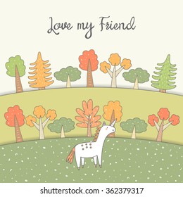 Cute hand drawn doodle postcard about friendship with forest, trees, meadow, unicorn. Nature background with animal. Fairy tale card, cover for children